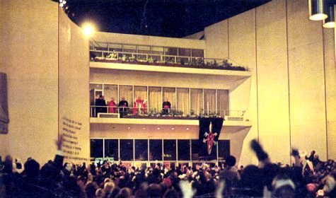 Pope Paul blessing crowds from the Vatican pavilion balcony