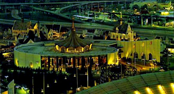 The Vatican Pavilion at night from the roof of the New York State Pavilion