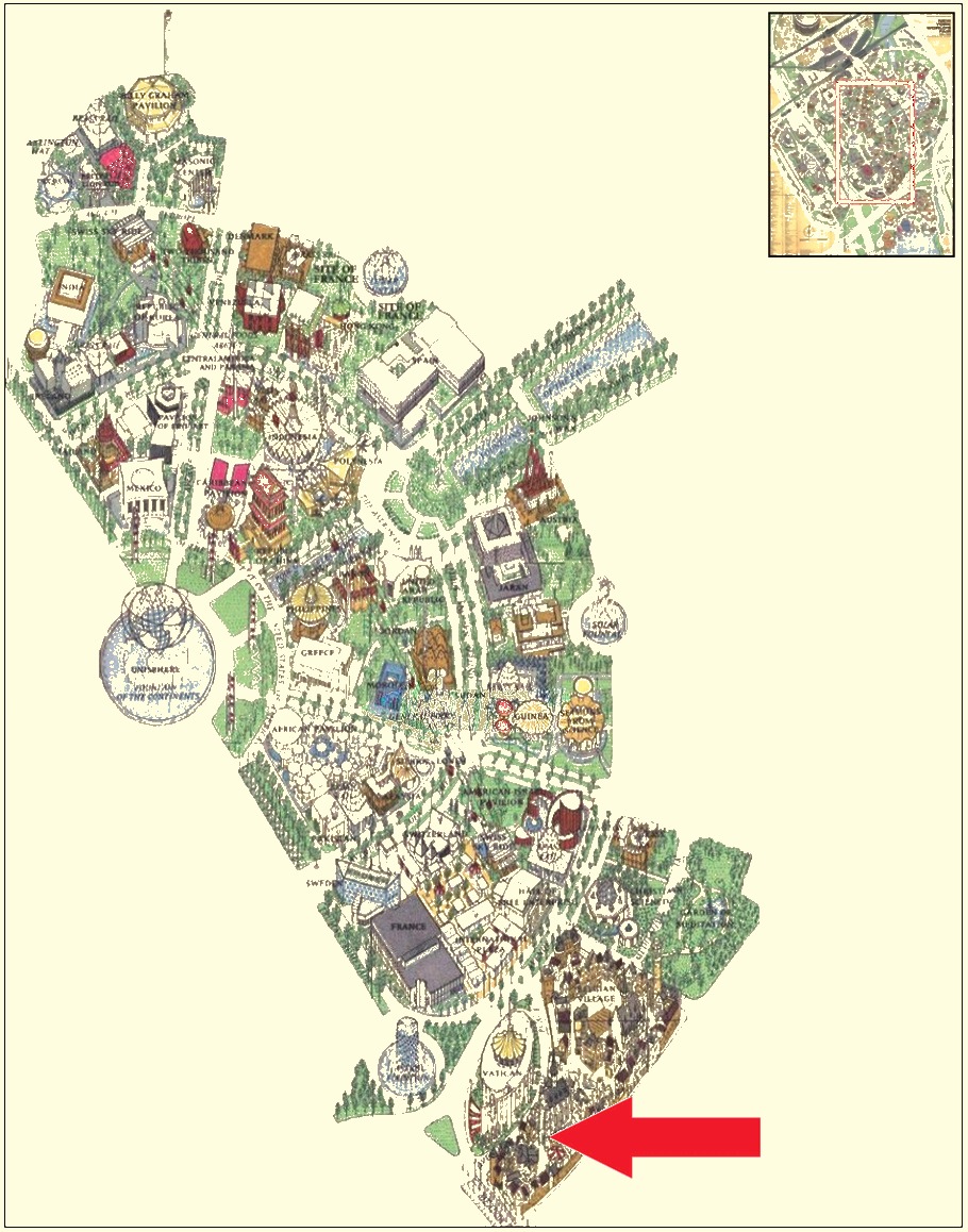International Area of the 1964 Official Souvenir Map with a red arrow pointing to the Vatican Pavilion
