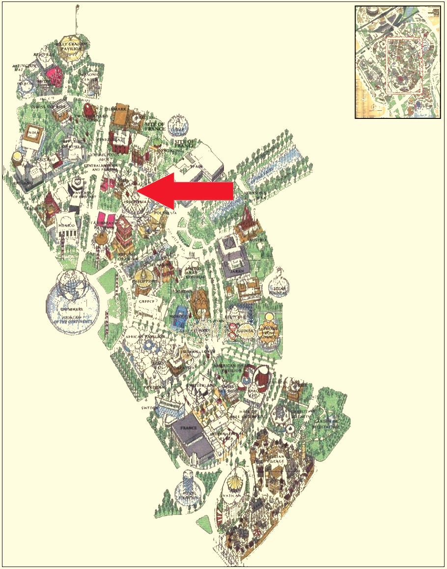 Venezuela pavilion location on the International Area of the 1964 Official Souvenir Map, with a red arrow pointing to Venezuela