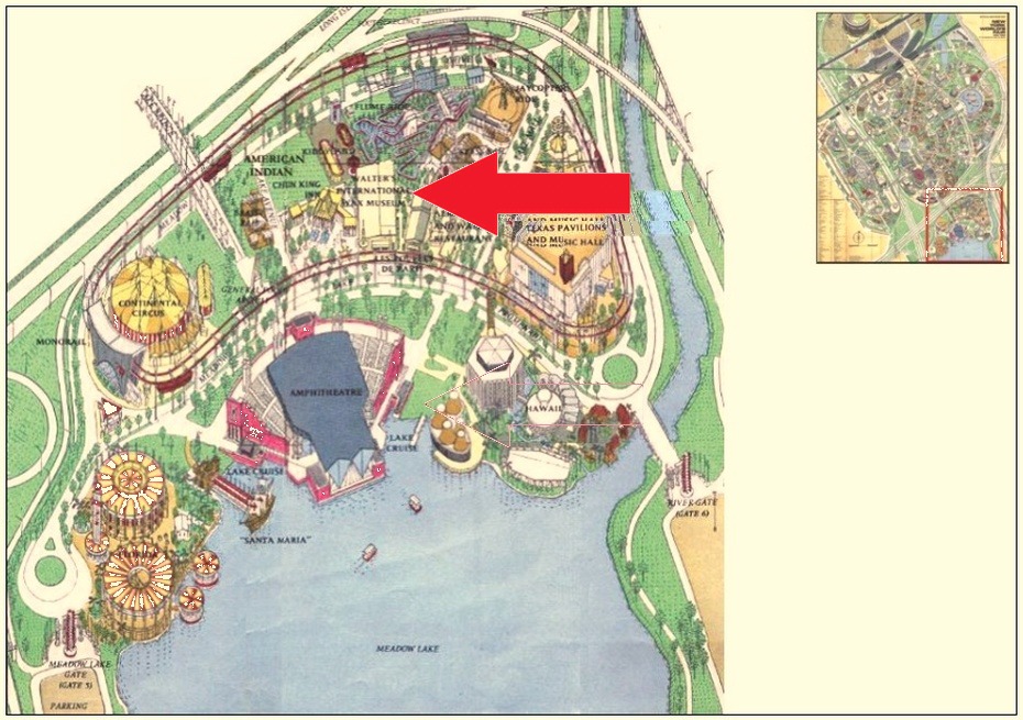 Walter's International Wax Museum location on the Amusement Area of the 1964 Official Souvenir Map, with a red arrow pointing to Walter's International Wax Museum