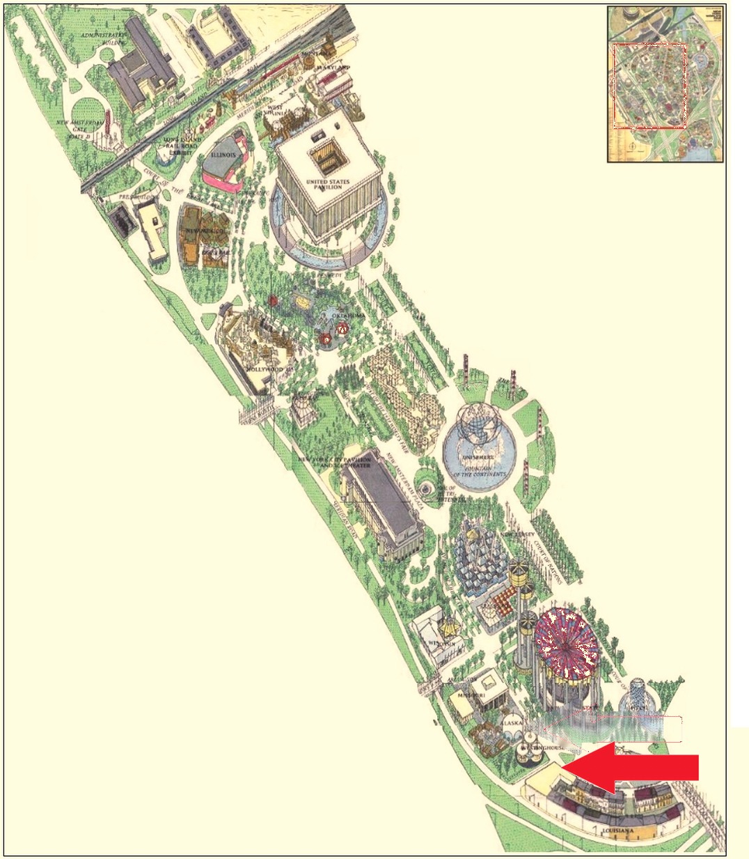 Westinghouse pavilion location on the Federal and State Area of the 1964 Official Souvenir Map, with a red arrow pointing to Westinghouse