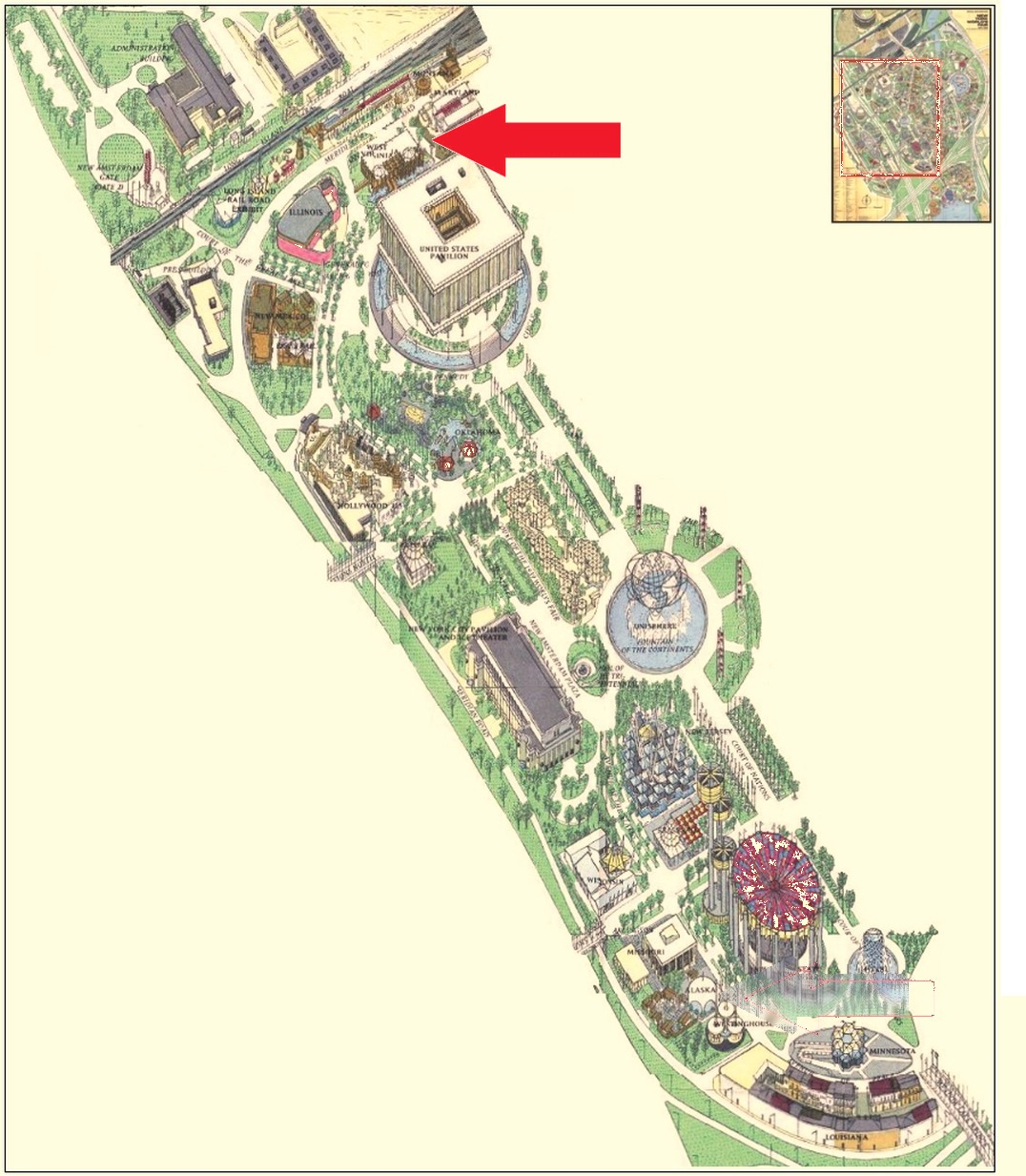 West Virginia Pavilion location on the Federal and State Area of the 1964 Official Souvenir Map, with a red arrow pointing to West Virginia