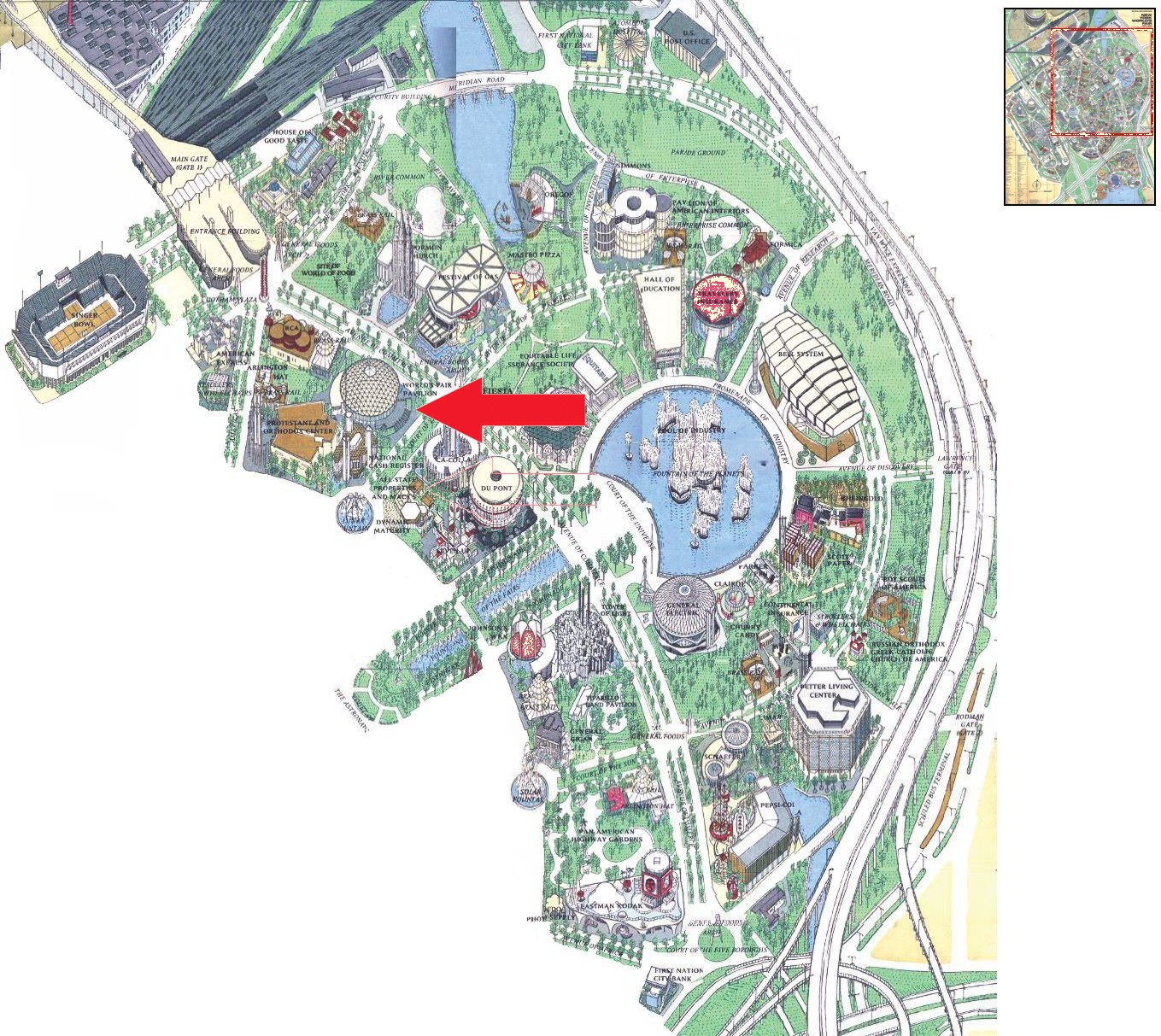 World's Fair Pavilion location on the Industrial Area of the 1964 Official Souvenir Map, with a red arrow pointing to the World's Fair Pavilion