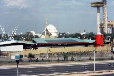 Back side of the Wisconsin Pavilion showing the red silo slide