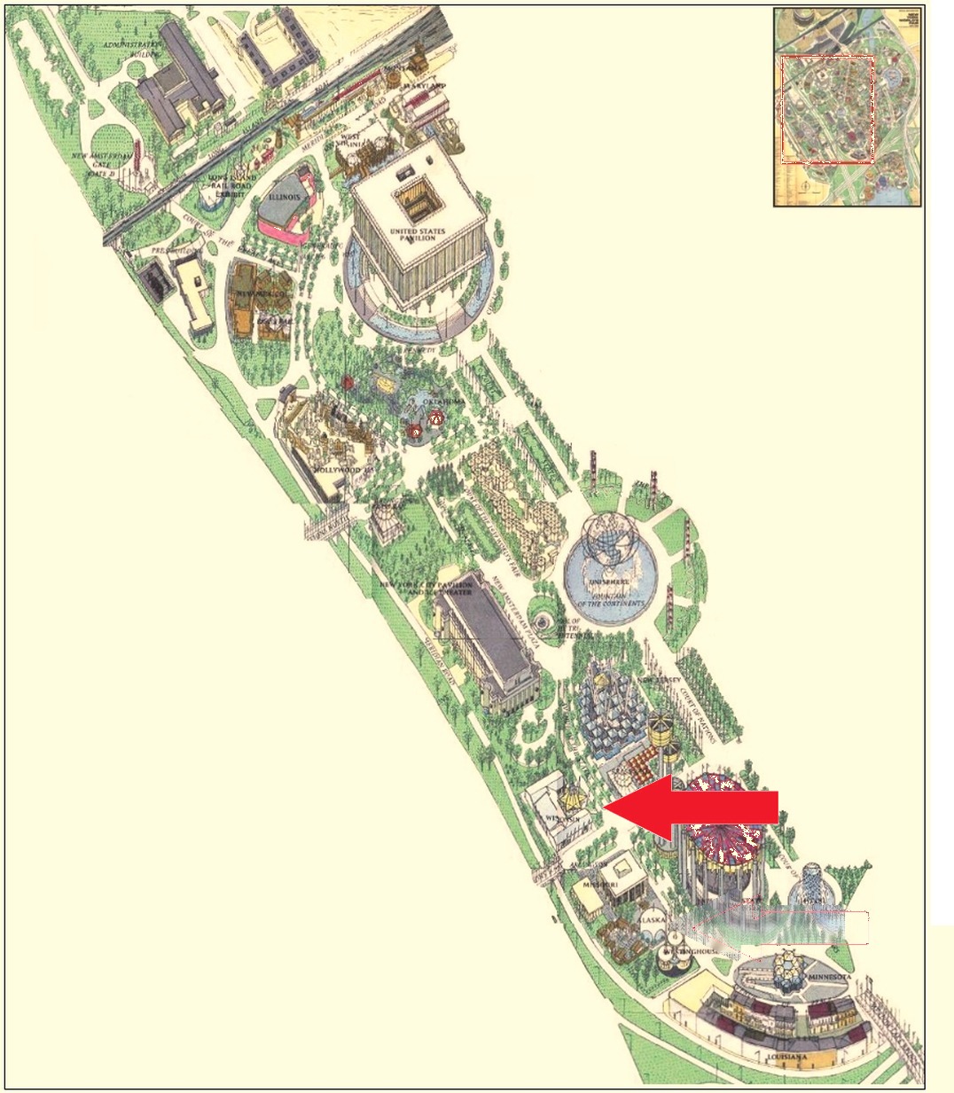 Wisconsin Pavilion location on the Federal and State Area of the 1964 Official Souvenir Map, with a red arrow pointing to Wisconsin