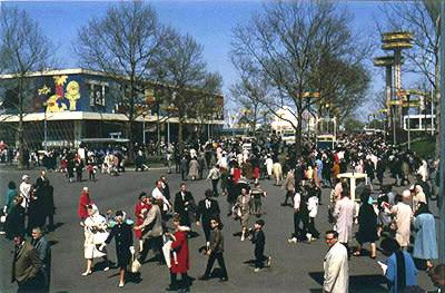 Overview of crowds, looking toward New York State Towers