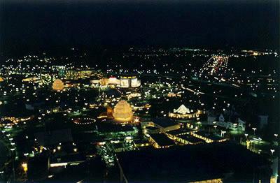 Fairgrounds at night, toward Eastman pavilion