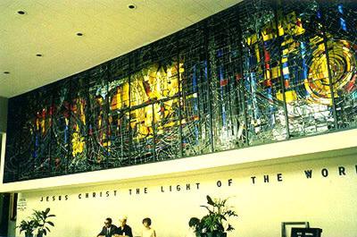 Stained glass screen inside Protestant & Orthodox Center