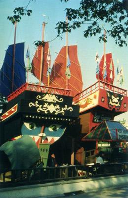 Weird colors and design of junks alongside Hong Kong
