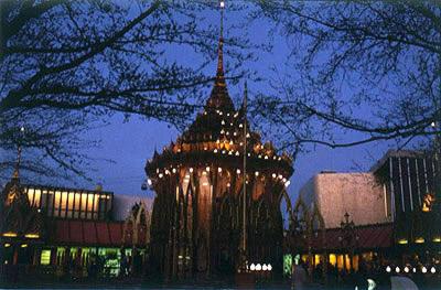 The Thailand Pavilion, with softly glowing lights