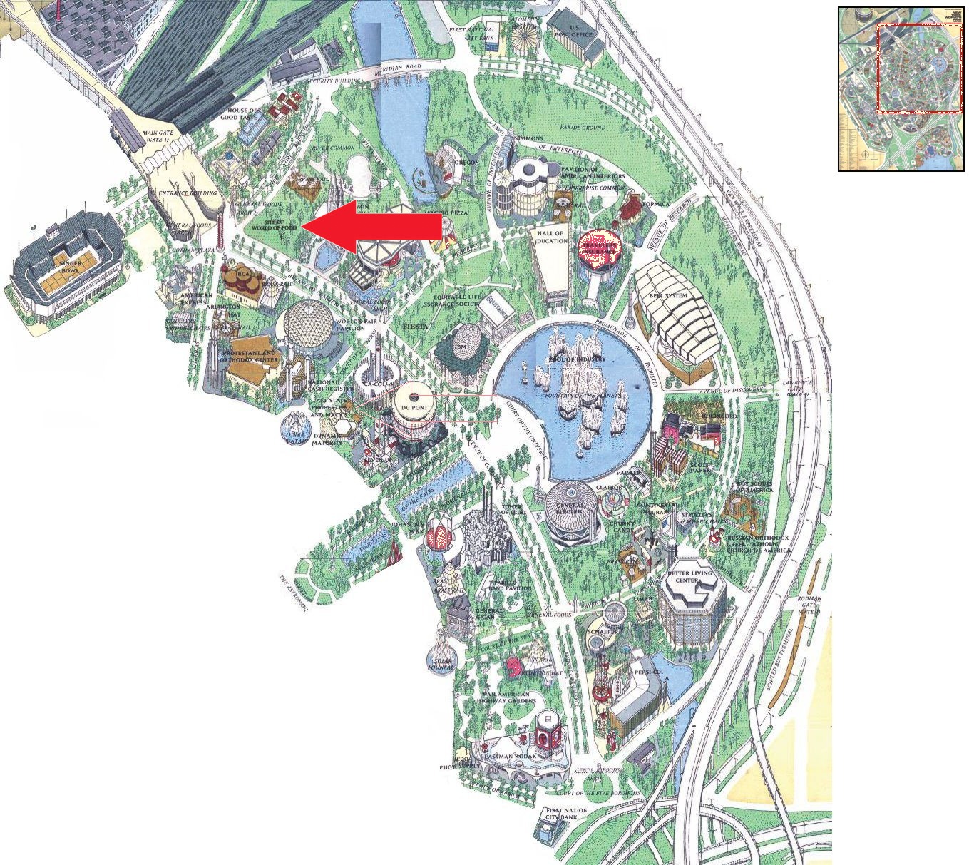 World of Food Pavilion site location on the Industrial Area of the 1964 Official Souvenir Map, with a red arrow pointing to World of Food